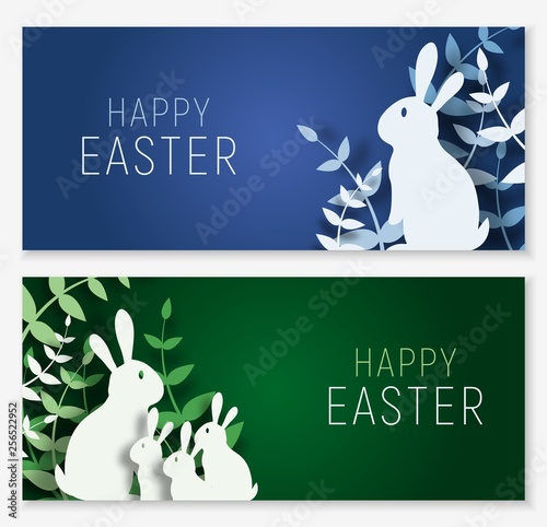 3d abstract paper cut banner of colorful rabbit family, grass, Happy easter greeting card template.