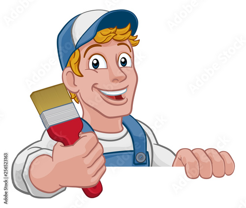 A painter decorator construction handyman cartoon man holding a paintbrush brush. Peeking over a sign 