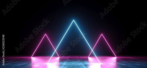 Sci Fi Futuristic Modern Retro Style Vibrant Neon Glowing Laser Led Fluorescent Lumionous Purple Ultraviolet Pink Blue Triangle Shaped Line Tubes Glowing On Grunge Concrete Floor 3D Rendering