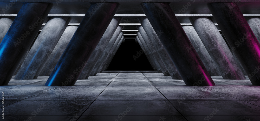 Obraz premium Dark Empty Garage Hall Underground Cement Grunge Concrete Columns Triangle Shaped Sci Fi Purple Blue Neon Glow Modern Elegant Style Hall Tunnel Corridor 3D Rendering