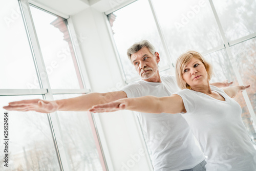 Health and sport. Senior couple doing physical exercise. Copy space.