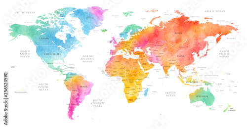 Fototapeta Wysoka szczegółowa mapa świata Multicolor akwarela mapa z granicami, oceanami i krajami na białym tle, widok z boku.
