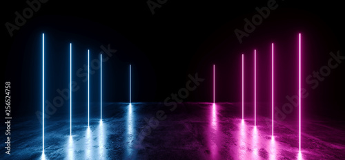Neon Futuristic Background Cyber Retro Purple Pink Blue Ultraviolet Vibrant Glowing Vertical Shaped Fluorescent Luminous Elegant Alien Dance Stage Gallery Lights 3D Rendering © IM_VISUALS