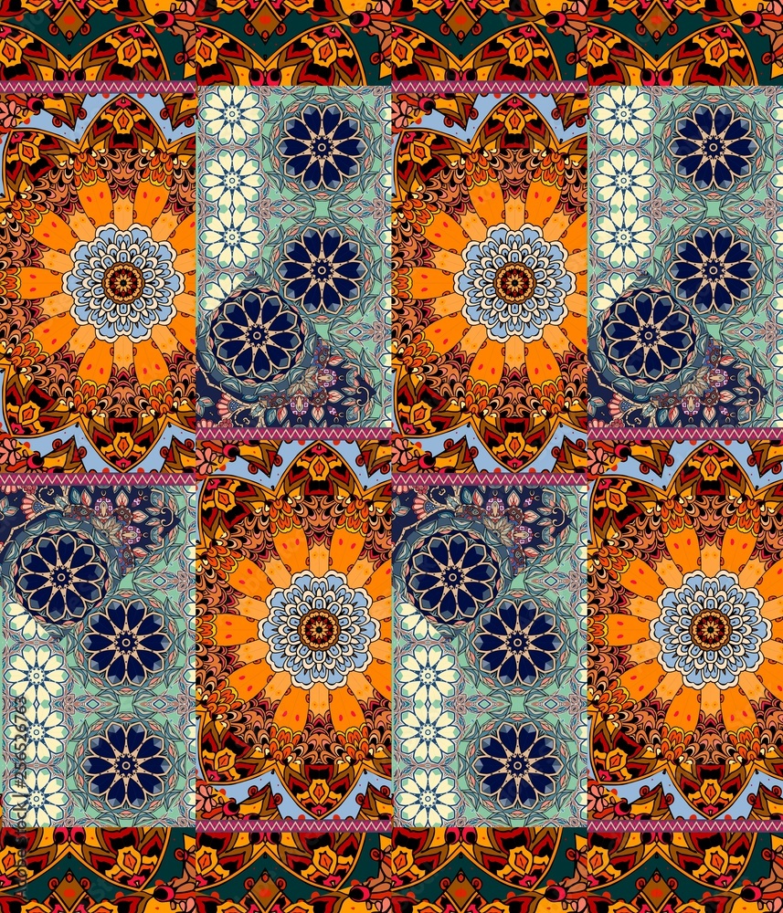 Striped blanket in patchwork style. Mandala - flower and ornamental border.