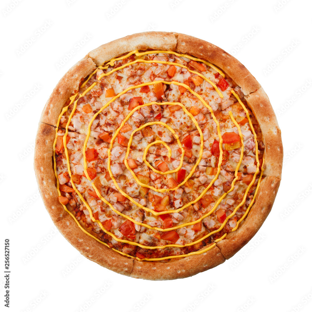 Delicious classic italian Pizza with chicken, bulgarian pepper and cheese Delicious classic italian Pizza with chicken, bulgarian pepper and cheese