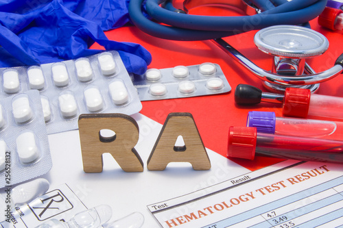 RA use by doctors medical abbreviation meaning rheumatoid arthritis, frequent joint disease, its diagnosis and treatment. RA medications include word is in form of tablets or pills, test results photo