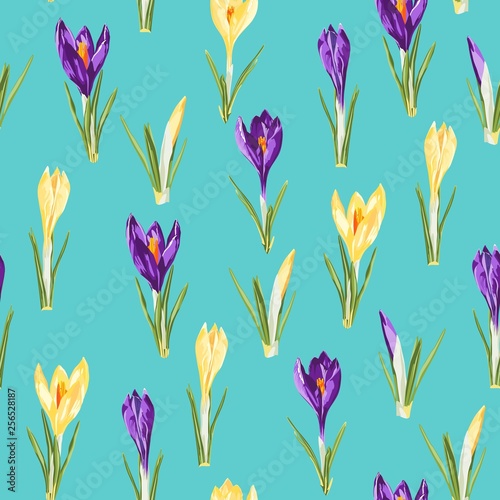 Seamless pattern with yellow and violet crocus flowers and green leaves on a bright blue background.
