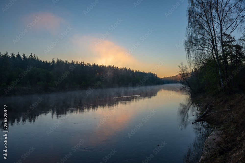 beautiful misty morning on the natural forest river Gauja in Latvia