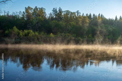beautiful misty morning on the natural forest river Gauja in Latvia