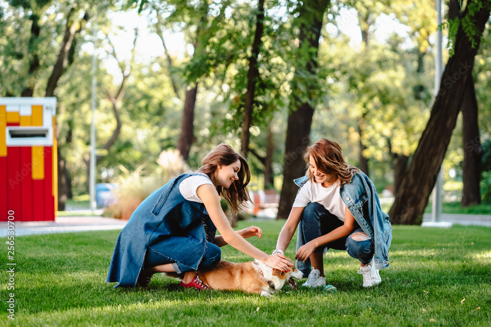 Two female friend in the park play with little dog