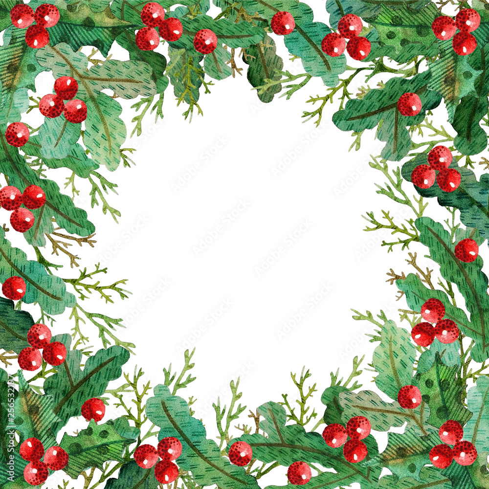 Christmas watercolor floral  square frame with pine branches ate holly and berries red and green