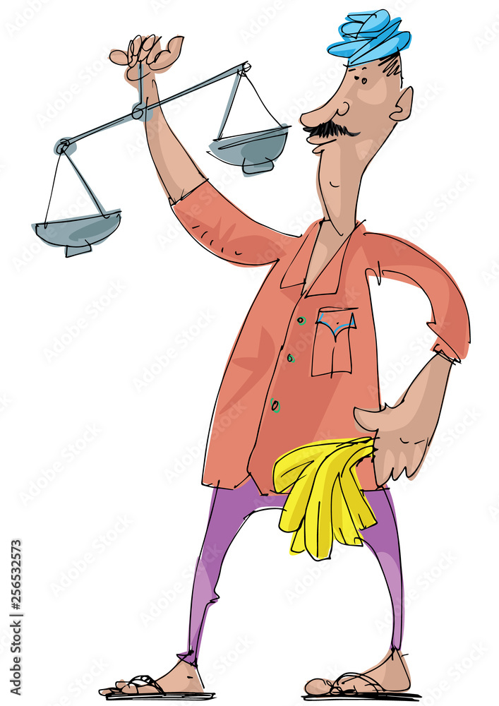 An indian banana vendor offers fruits. Street seller. Cartoon