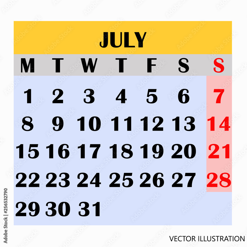 Obraz premium Calendar design month july 2019. Year 2019 calendar. Simple design for calendar 2019. Calendar for organization and business. Week Starts Monday. Vector illustration.