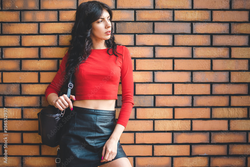 Attractive dark-haired young woman on the street near the brick wall Attractive dark-haired young woman on the street near the brick wall