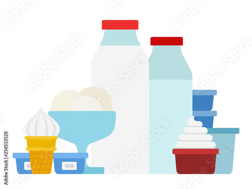 Ice cream, milk bottles and whipping cream vector flat isolated