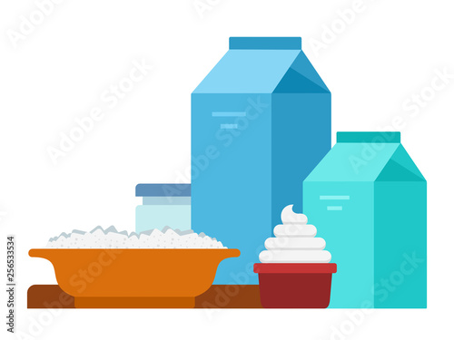 Milk boxes, cottage cheese and cream vector flat isolated