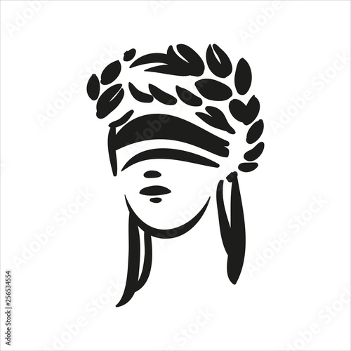 Sitting symbol of justice Themis face vector line art illustration on white background