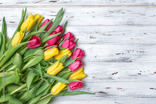 Beautiful fresh yellow and pink tulips bouquet on white