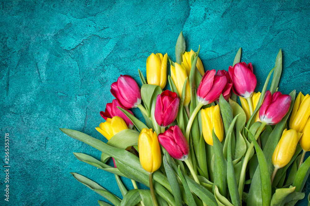 Εκτύπωση καμβά Beautiful fresh yellow and pink tulips bouquet