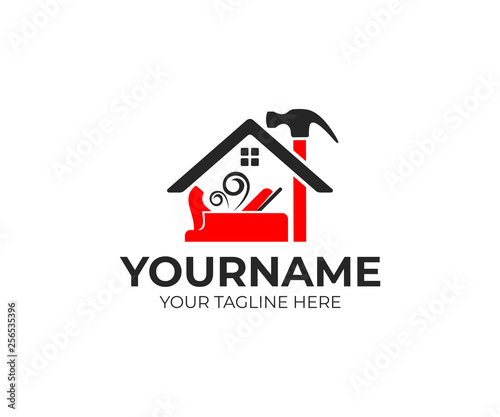 Construction and tools, carpenter or joiner plane, hammer and home, logo design. House building, real estate, repair and improvement, vector design and illustration