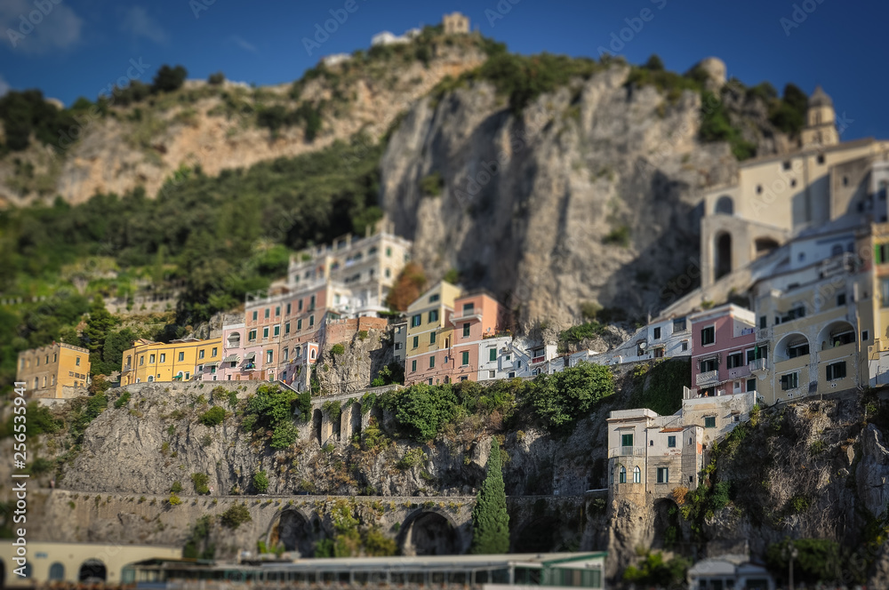Amalfi houses overlooking the cliff tilt shift effect