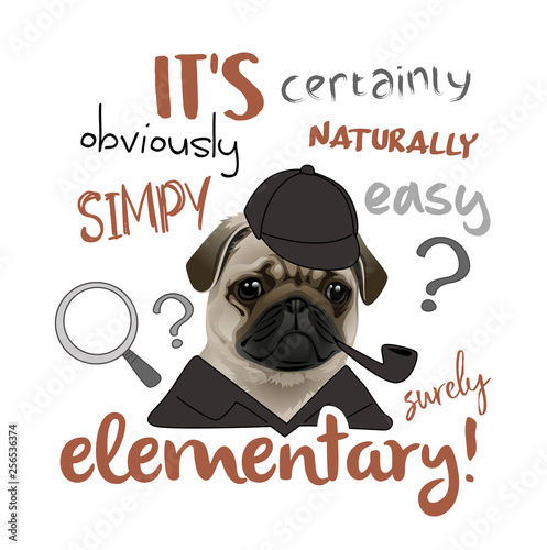 vector illustration banner of detective dog with smoking pipe and magnifier, phrase Its elementary!