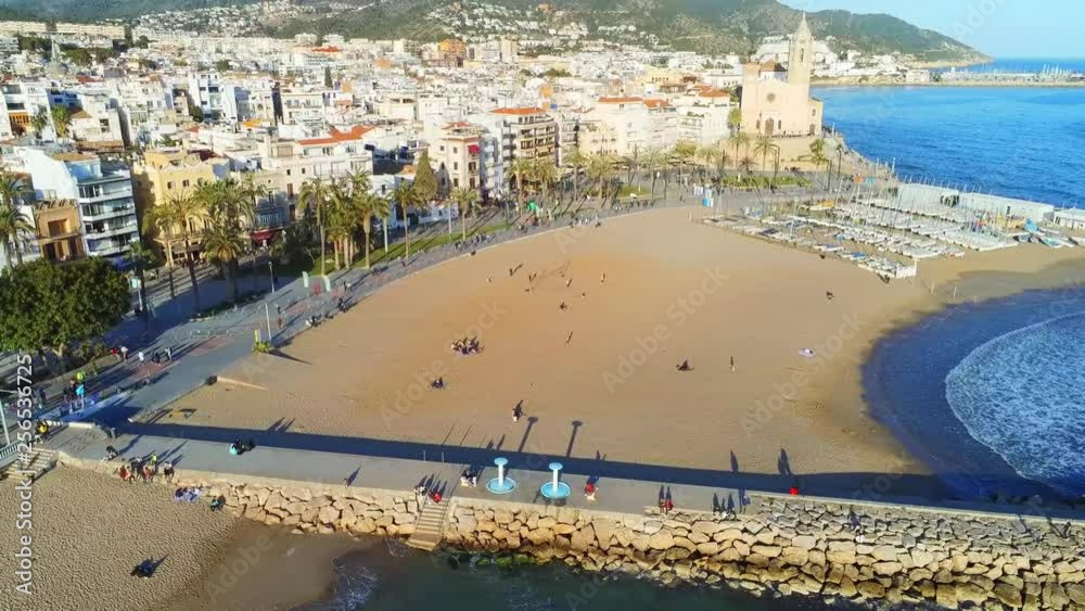Beach of Sitges, coastal village of Barcelona,Spain. Aerial Footage Beach of Sitges, coastal village of Barcelona,Spain. Aerial Footage