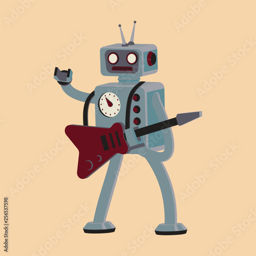 Cartoon robot rocker playing guitar. T-shirt graphic. Vector
