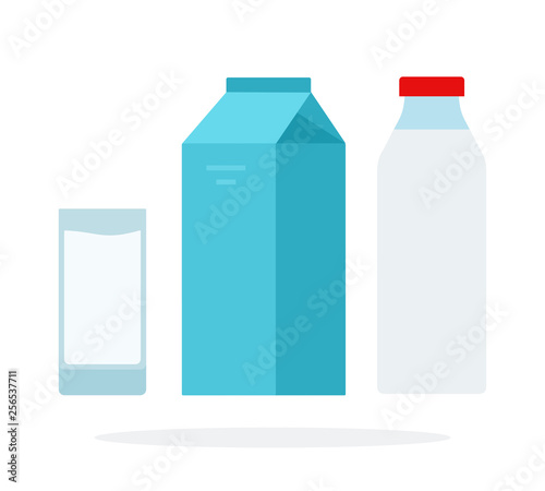 A glass of milk, a bottle of milk and a packet of milk flat isolated