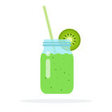 Smoothies from kiwi in a glass jar with straws and a slice of kiwi flat isolated