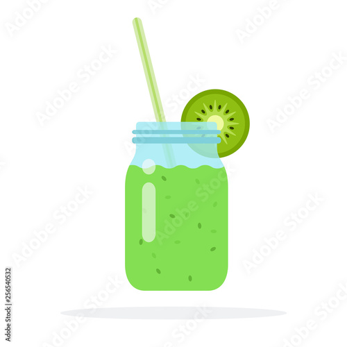 Smoothies from kiwi in a glass jar with straws and a slice of kiwi flat isolated