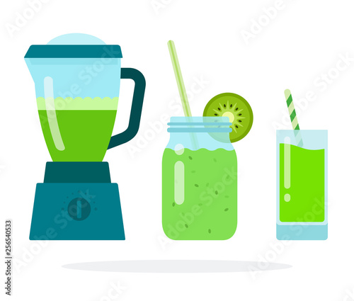 Green smoothies in a blender, in a glass jar with a straw, in a glass flat isolated