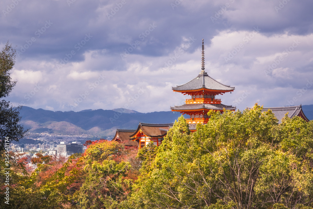 View of Kyoto and Kiyomizu-dera temple iconic buildings in autumn in Japan