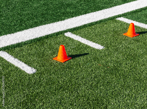 Two orange cones between hash marks on football field photo