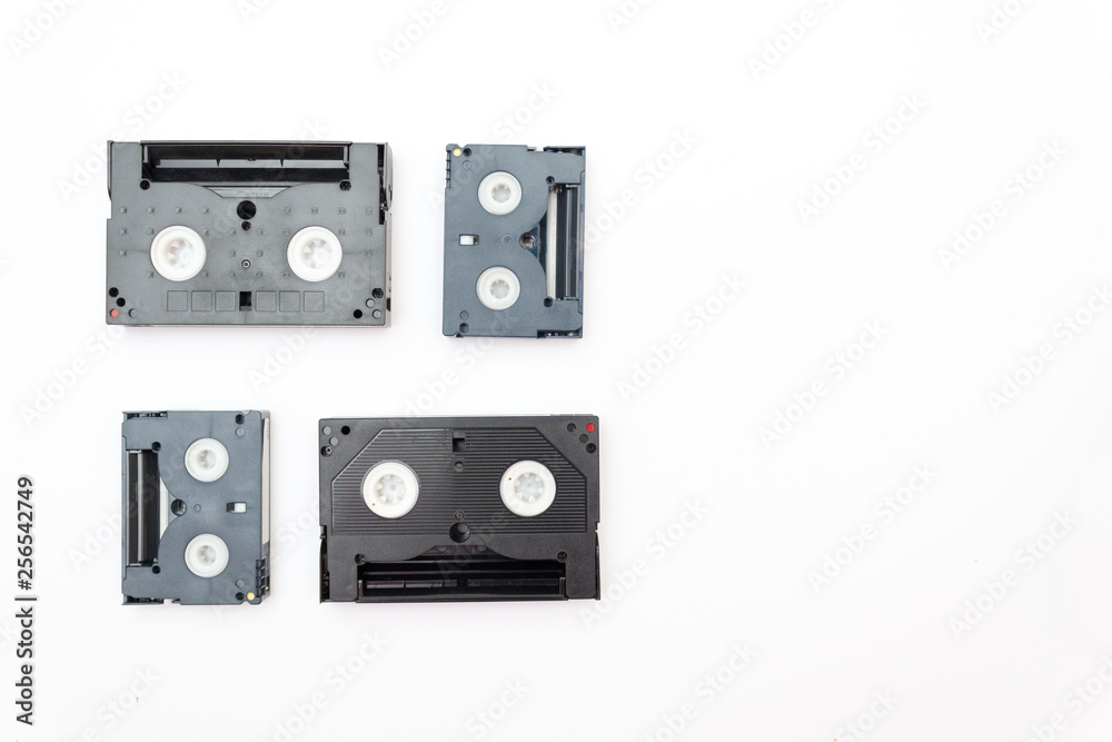 VHS and mini dv video tapes cassette on white background, Copy space VHS and mini dv video tapes cassette on white background, Copy space