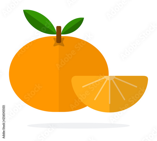 Mandarin with a stem and a leaf and a slice of mandarin flat isolated