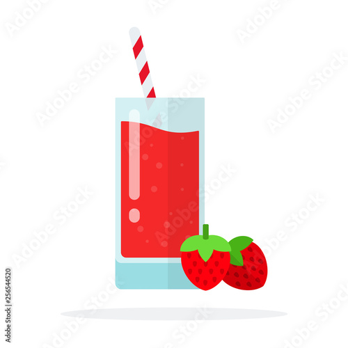 Ripe strawberries and a glass of strawberry juice with straws flat isolated