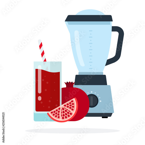 The whole pomegranate, garnet segment, a glass of pomegranate juice and a blender vector flat isolated