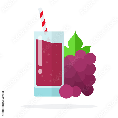 A bunch of red grapes and grape juice in a glass with straws flat isolated