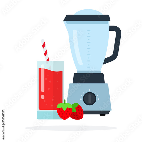 Strawberries, strawberry smoothies in a glass with straws and a blender vector flat isolated