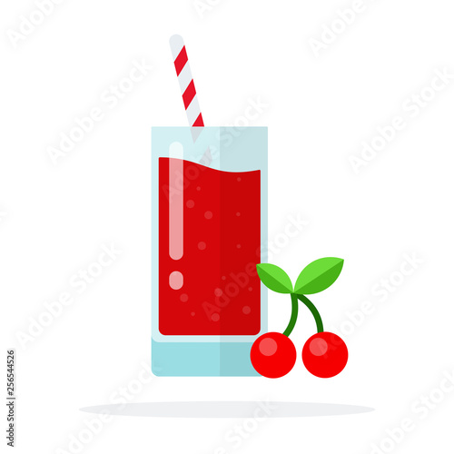 A branch of cherry and a glass of cherry juice with straws flat isolated