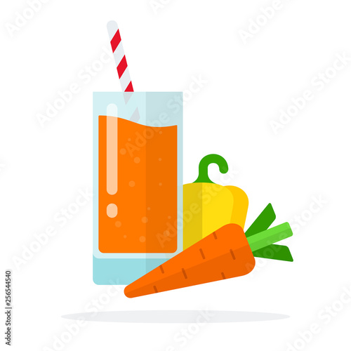A glass of carrot juice with straws, carrot and yellow pepper near vector flat isolated