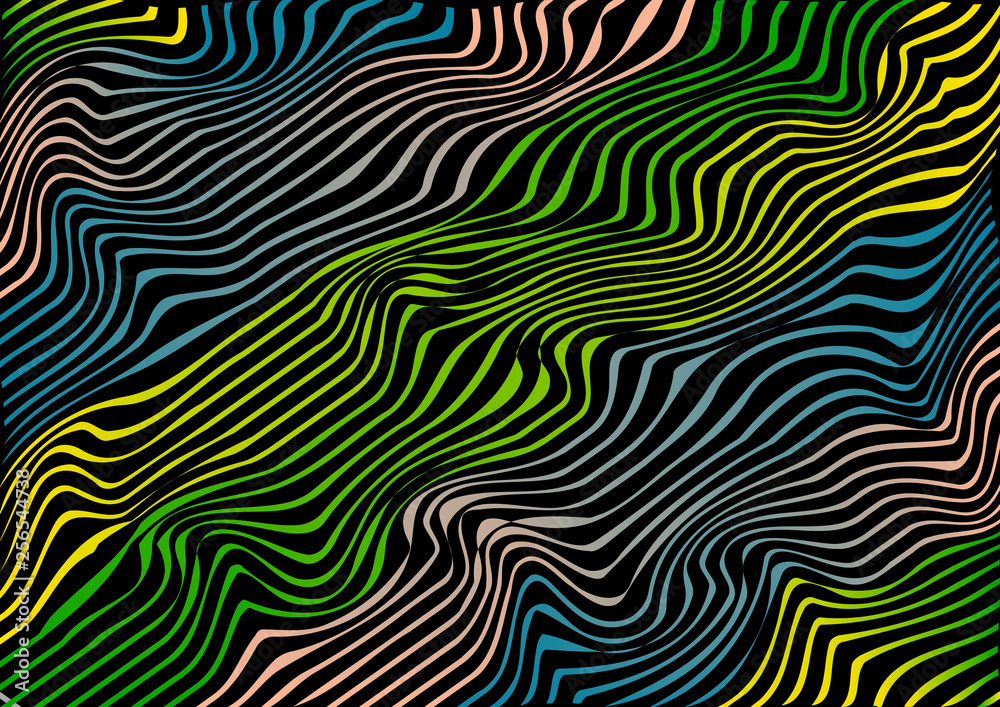 Abstract pattern with colorful waves on black background. Vector illustration