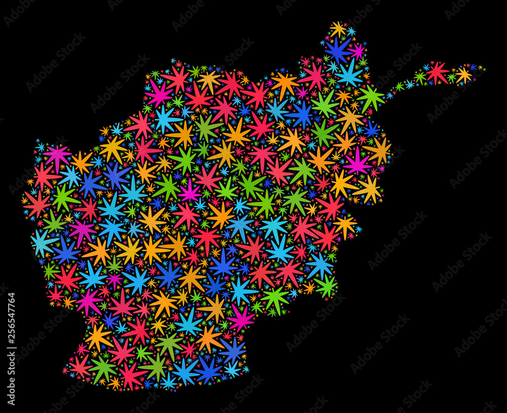 Bright vector cannabis Afghanistan map mosaic on a black background. Concept with bright herbal leaves for cannabis legalize campaign. Vector Afghanistan map is composed with cannabis leaves.