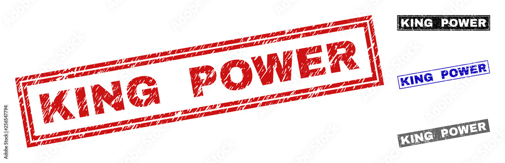 Grunge KING POWER rectangle stamp seals isolated on a white background. Rectangular seals with grunge texture in red, blue, black and gray colors. Grunge KING POWER rectangle stamp seals isolated on a white background. Rectangular seals with grunge texture in red, blue, black and gray colors.
