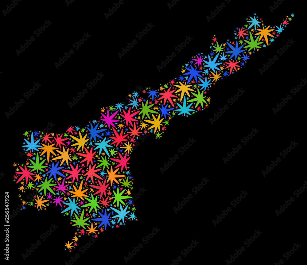Bright vector marijuana Andhra Pradesh State map collage on a black background. Template with bright weed leaves for weed legalize campaign. Vector Andhra Pradesh State map is created of weed leaves.