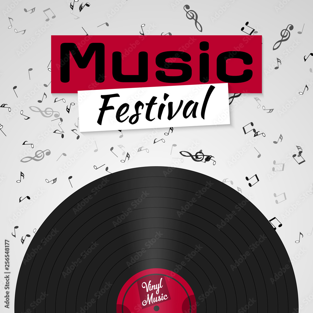 Obraz premium Banner for the retro music festival. Musical poster for your design. Music elements design for card, invitation, flyer, brochure. Music vinyl and notes background vector illustration. 