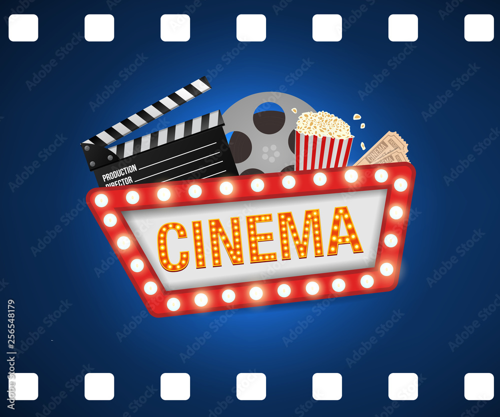 Cinema poster design template. Movie concept banner design Movie time  background banner shining sign. Popcorn, filmstrip, clapboard, tickets.  Stock Vector | Adobe Stock