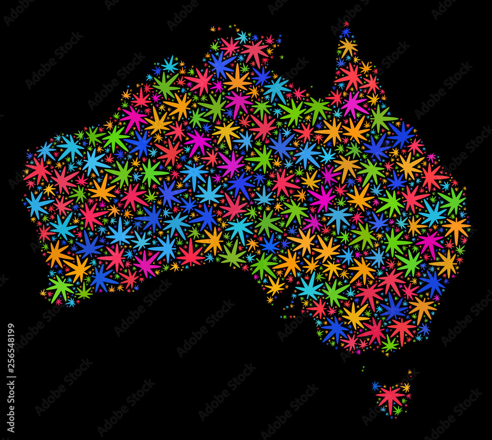 Bright vector marijuana Australia map mosaic on a black background. Concept with colorful weed leaves for marijuana legalize campaign. Vector Australia map is designed with marijuana leaves.