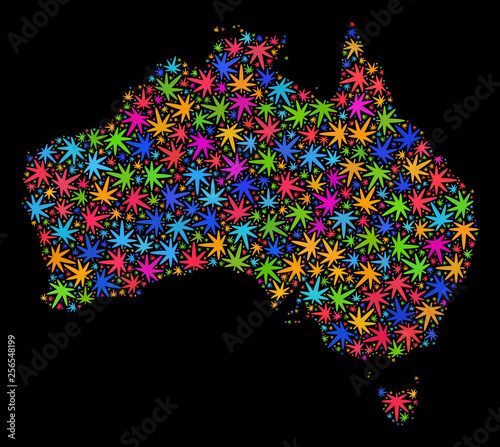 Bright vector marijuana Australia map mosaic on a black background. Concept with colorful weed leaves for marijuana legalize campaign. Vector Australia map is designed with marijuana leaves.